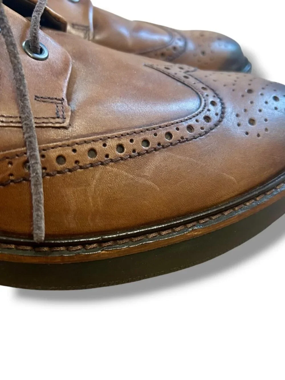 Ecco Mens Brown Leather Wingtip Brogue Tie Shoes Rubber Soles Size 46